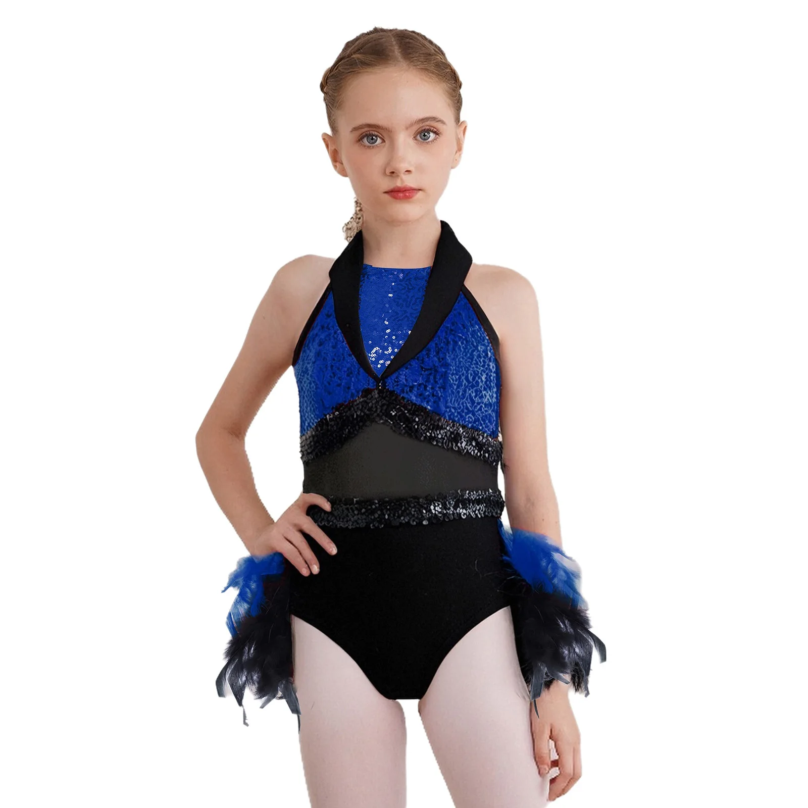 

Shiny Sequins Feather Jazz Dance Dress for Kids Girls Turn-Down Collar Sleeveless Sheer Mesh Color Block Leotard Latin Dancewear