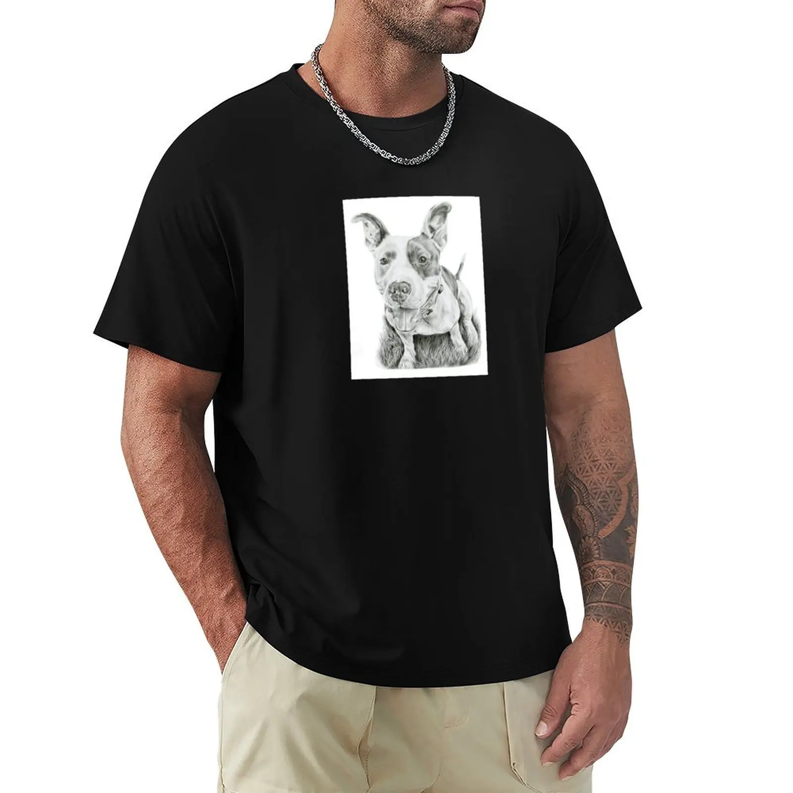 Pitbull Rescue Dog Drawing Black and White T-Shirt Basic Tee Shirt for Everyday Outfit