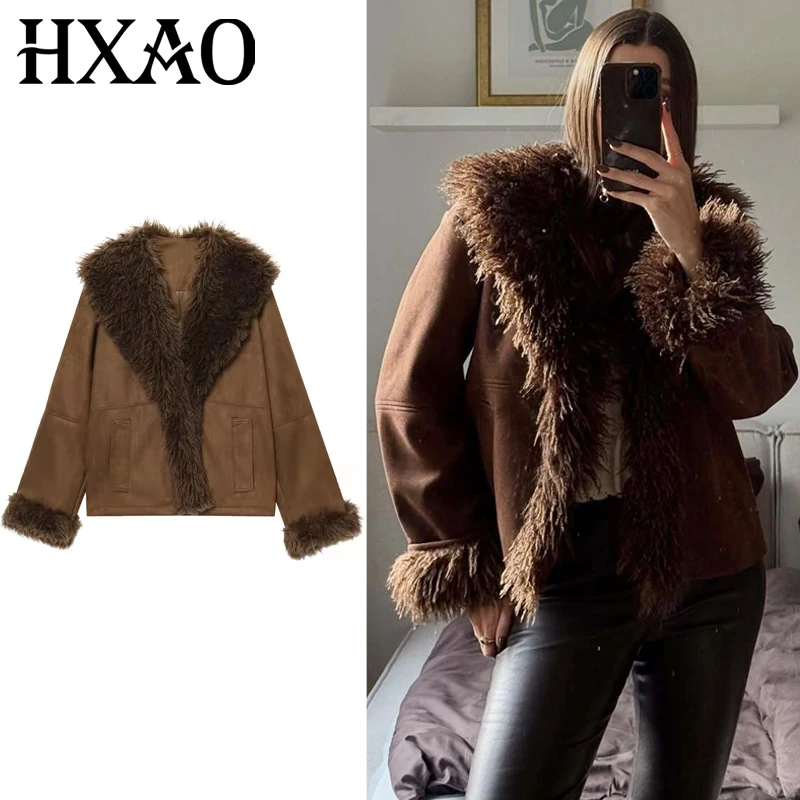 

HXAO Pu Leather Brown Jackets Women's Jacket 2025 Faux Fur Neck Warm Long Sleeve Jacket New In Coats & Jackets Anorak Outerwears