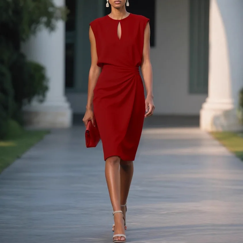 2026 European and American women's clothing, retro temperament cross solid color knotted round neck hollow dress