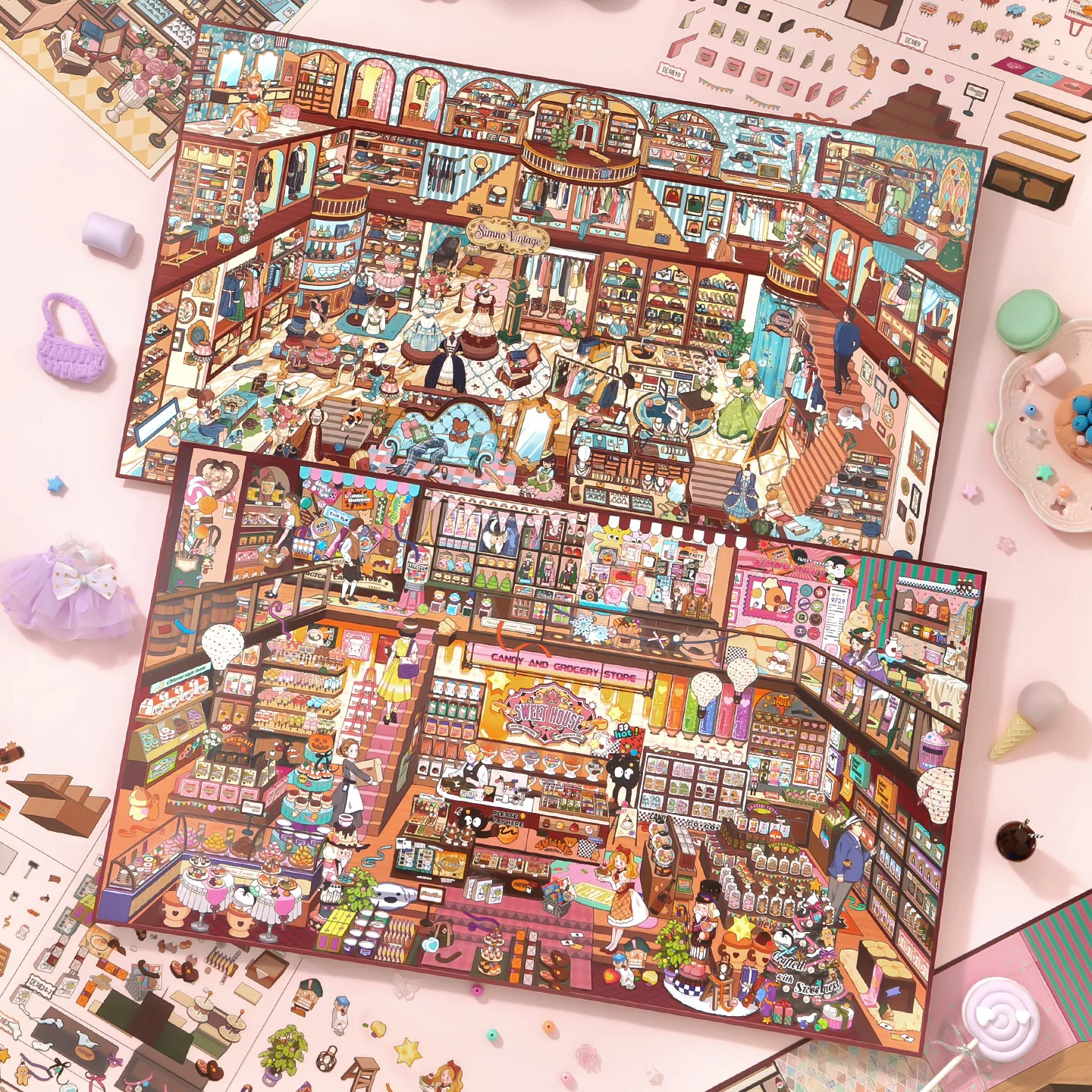 3D Großes Faltbares Miniatur-Süßigkeitenhaus Bekleidungsgeschäft Immersives Landschafts-Stickerbuch, Exquisite Illustrationen, PET-Stanzaufkleber