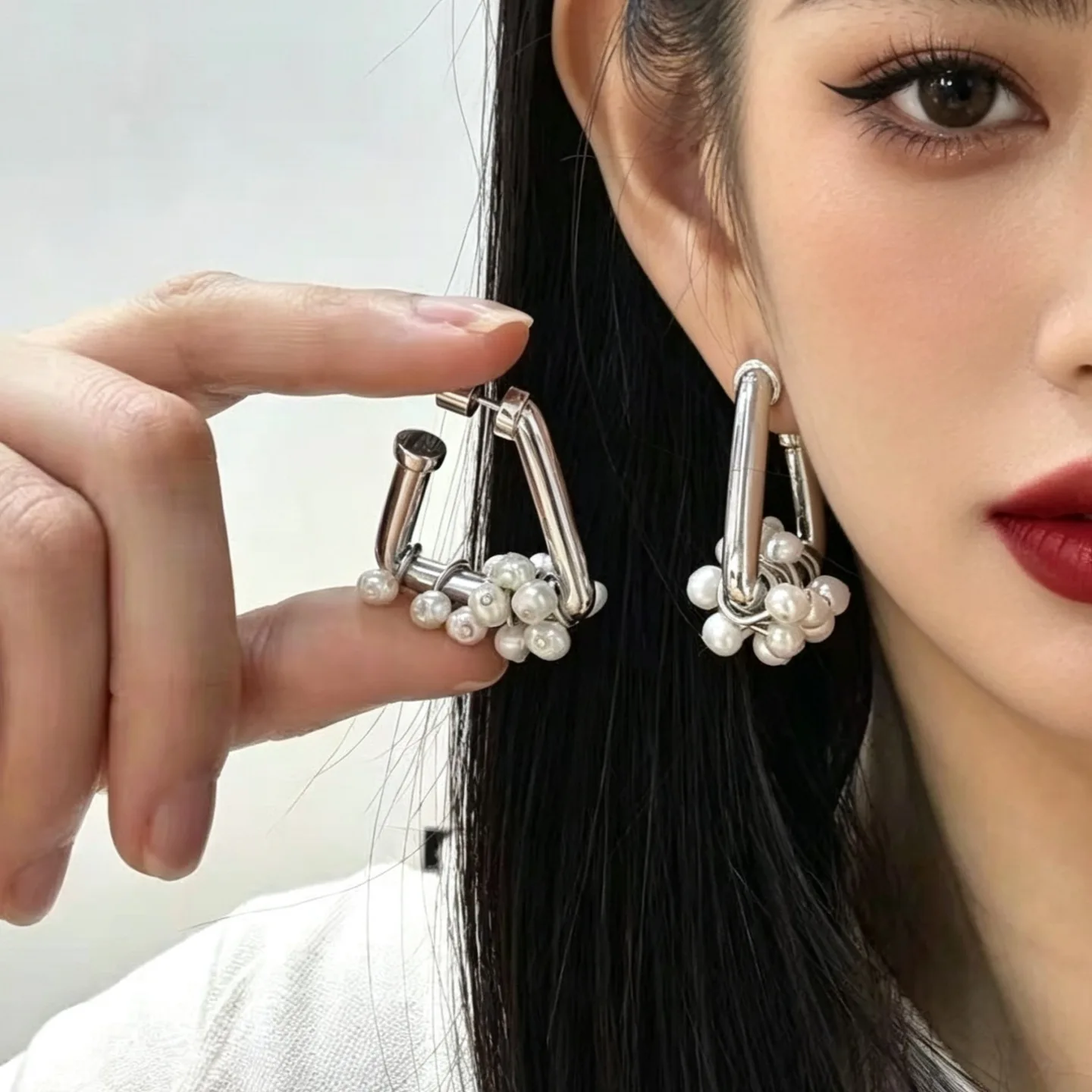 2026 new silver metal triangular shape earrings pearl beaded stud earrings unique design niche earrings women