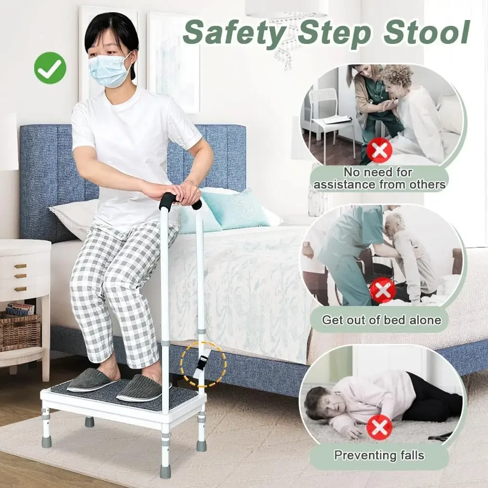 Step Stool with Handle Elderly Adults Bed Steps for High Beds Rails Adjustable Assist Bar Heavy Duty Stepping Stool