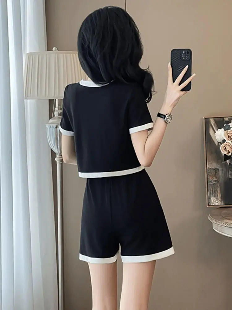 Conjuntos curtos casuais de cor contrastante para mulheres, 2 peças, kit de alfaiataria, roupa clássica, promoção, novo em shorts femininos combinando