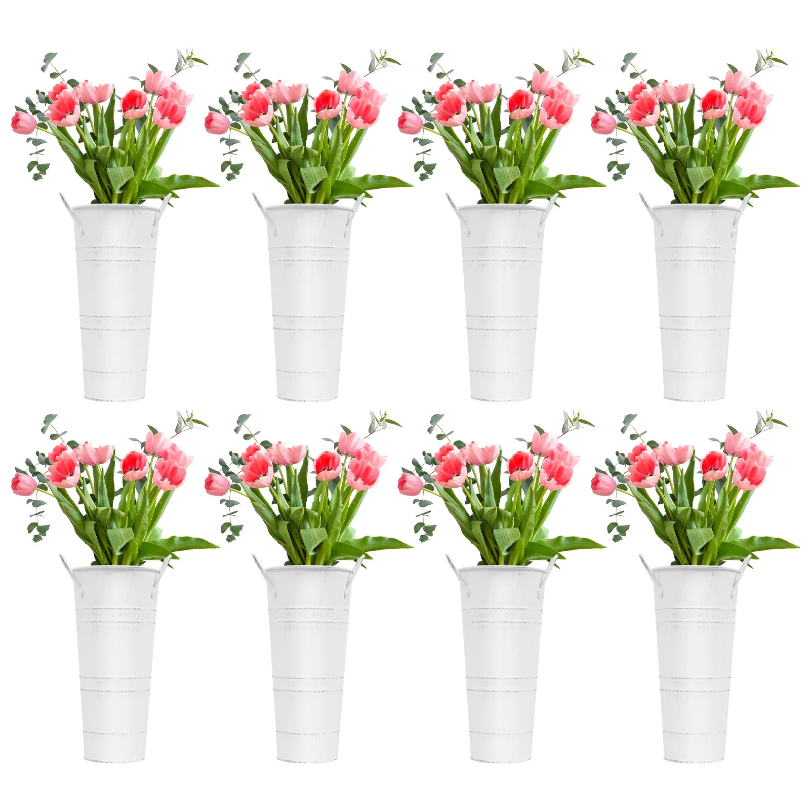 8Pcs Galvanized Thickened Iron Flower Bucket Vase 0.23mm Sheet White 2 Colors Cylindrical Metal Planter Floral Arrangement Decor