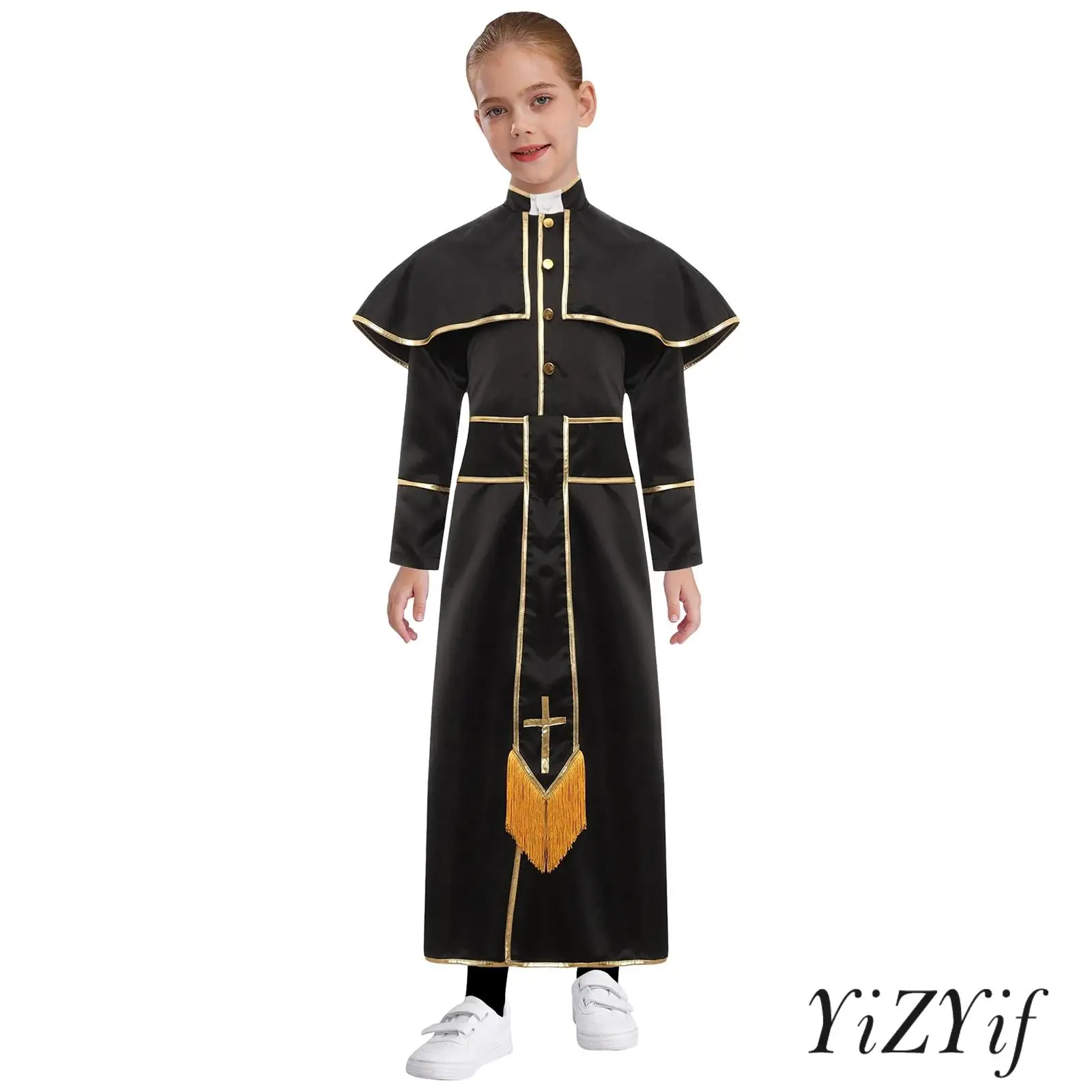 

Unisex Kids Church Priest Cosplay Costume Long Sleeve Buttons Clergy Minister Role Play Stage Performance Pastor Robe with Belt