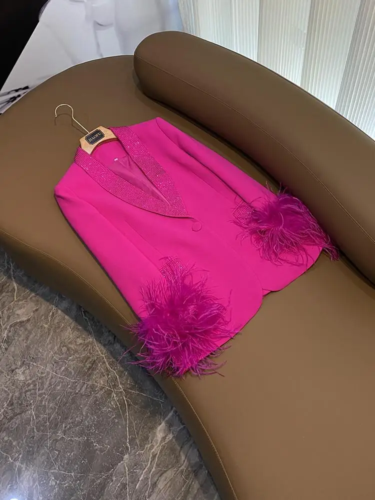 

Ostrich Feather Real Feathers Embellied Jaet New 2025 een Collar Suit Outerwear Ele Commute Sle