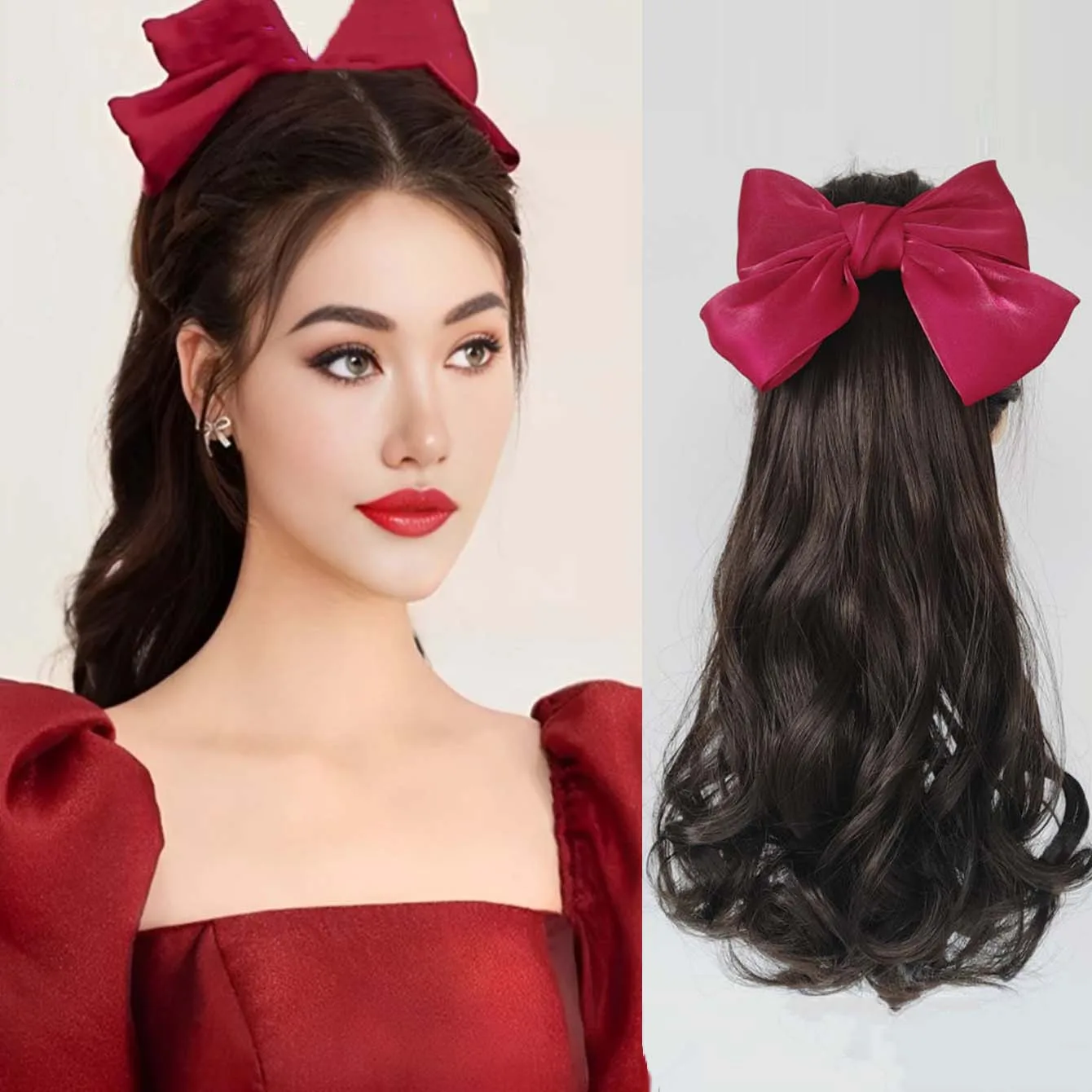 

Synthetic Ponytail With Red Bows Hair Extensions Hair Realistic Brown For Woman Girls Cute Fake Ponytail