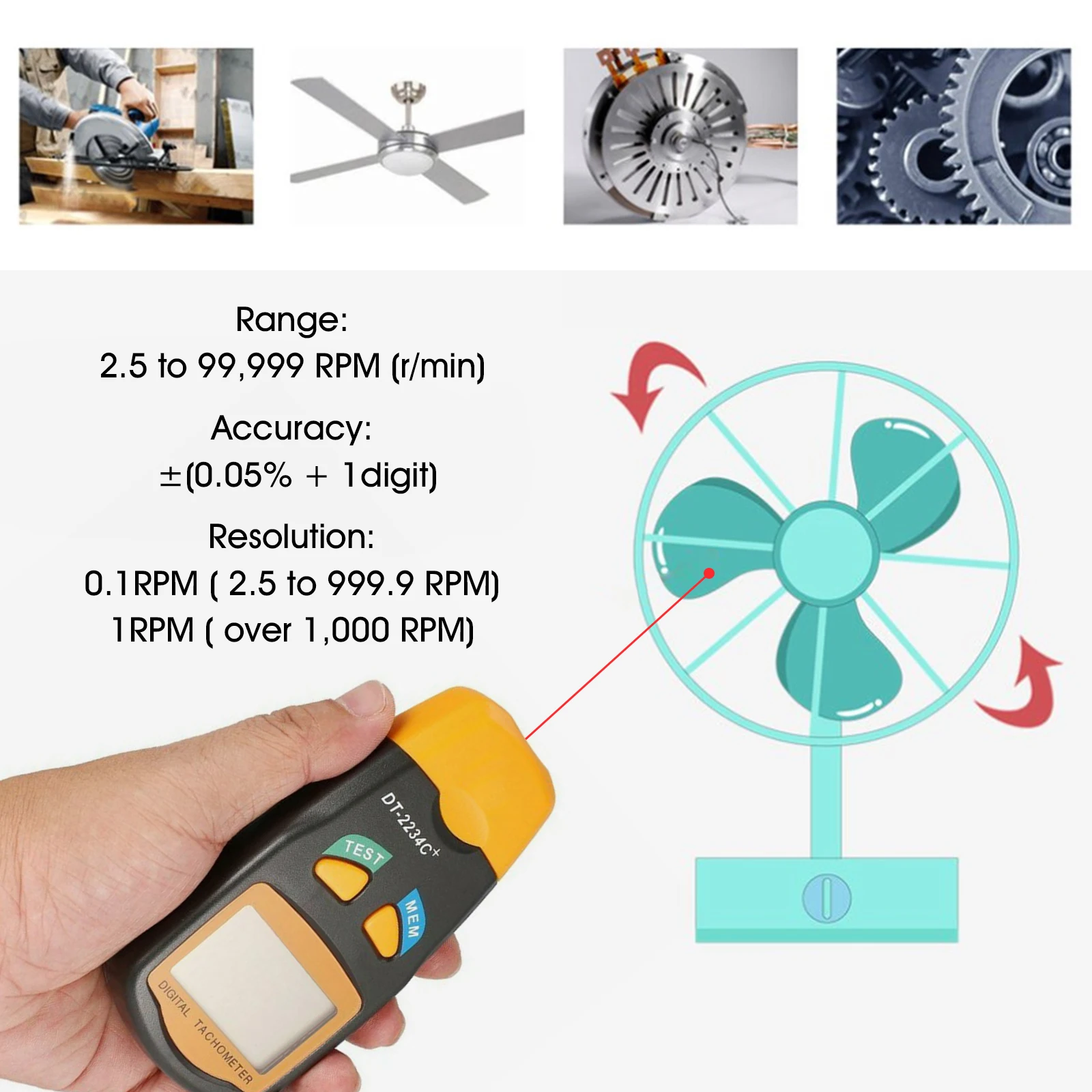 

Digital Tachometer 2.5-99999 RPM Laser/LED Contactless Speed Meter with Memory for Motor