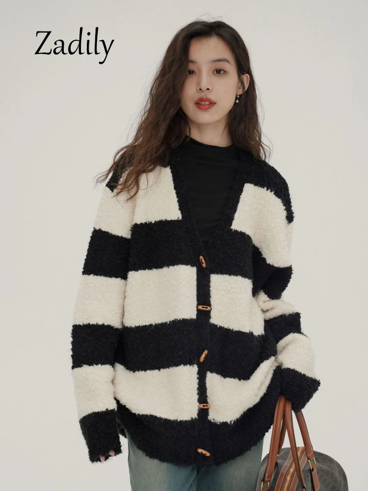 Zadily 2023 Winter Casual Long Sleeve Women Sweater Cardigan Korea Style Striped V Neck Button Up Knit Coat Warm Female Clothing