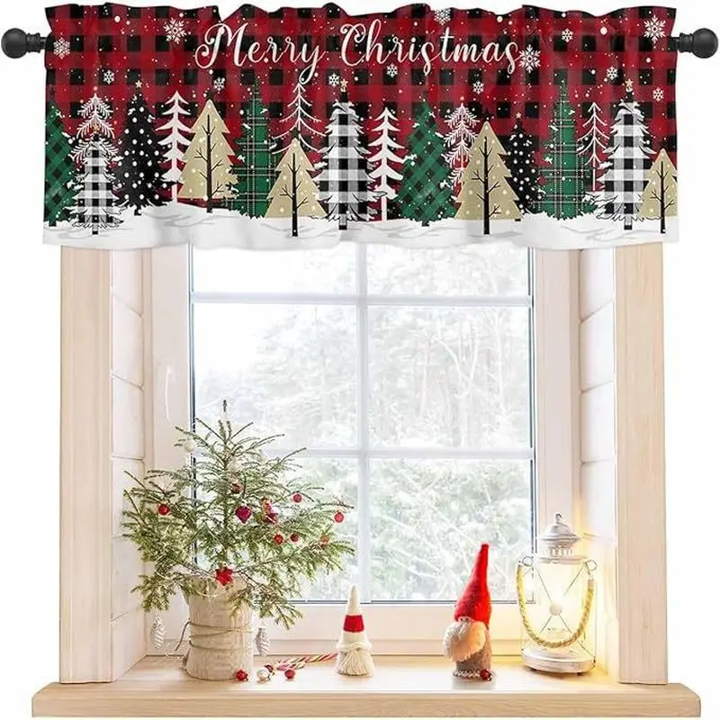 VIKAMA Christmas Window Valance Red Black Plaid Santa Merry Christmas Print Kitchen Curtain Topper For Living Room Bedroom Decor