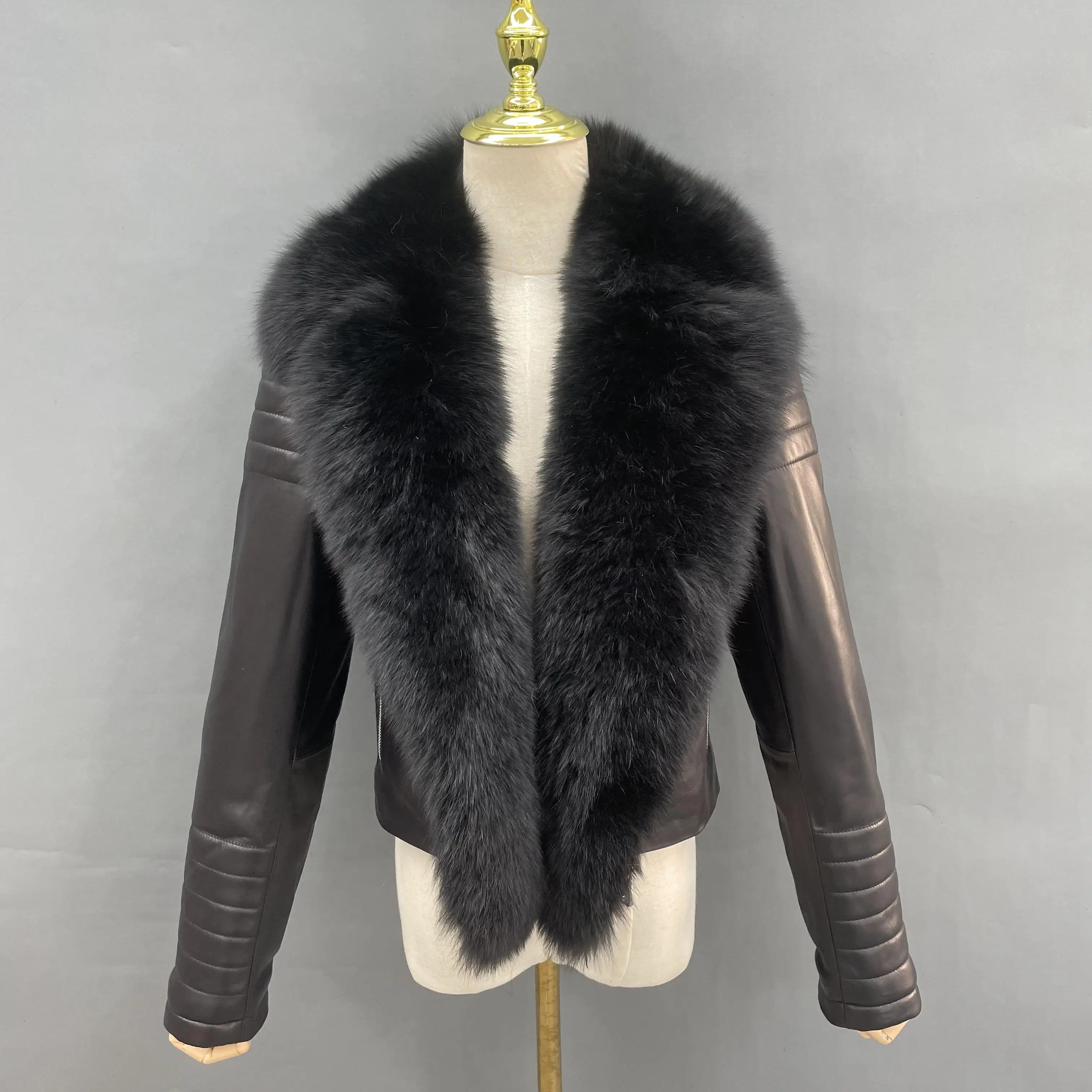 Janefur Leather Jacket Big Fur Collar Women 2022 Slim Fashion Luxury Real Fox Fur Sheepskin Coat Streetwear Female Outerwear