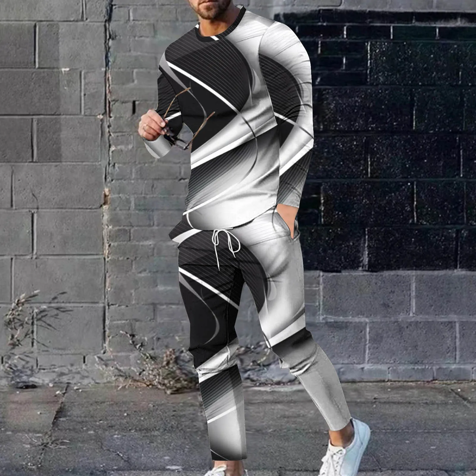 Herren Übergroßes T-Shirt mit Kontrastbesatz Rundhals Langarm 3D-Druck Zweiteiler Set Weich Locker Hip-Hop Street Casual Alltag Herbst – Detail 4