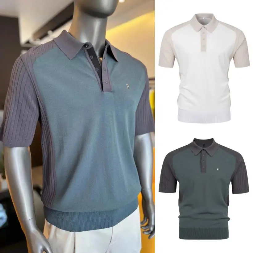 AMAZINGCRE 2024 New Men's Golf Clothing Outdoor Sports Skinny Temperament Thin Breathable Comfortable Lapel Short Sleeve Top