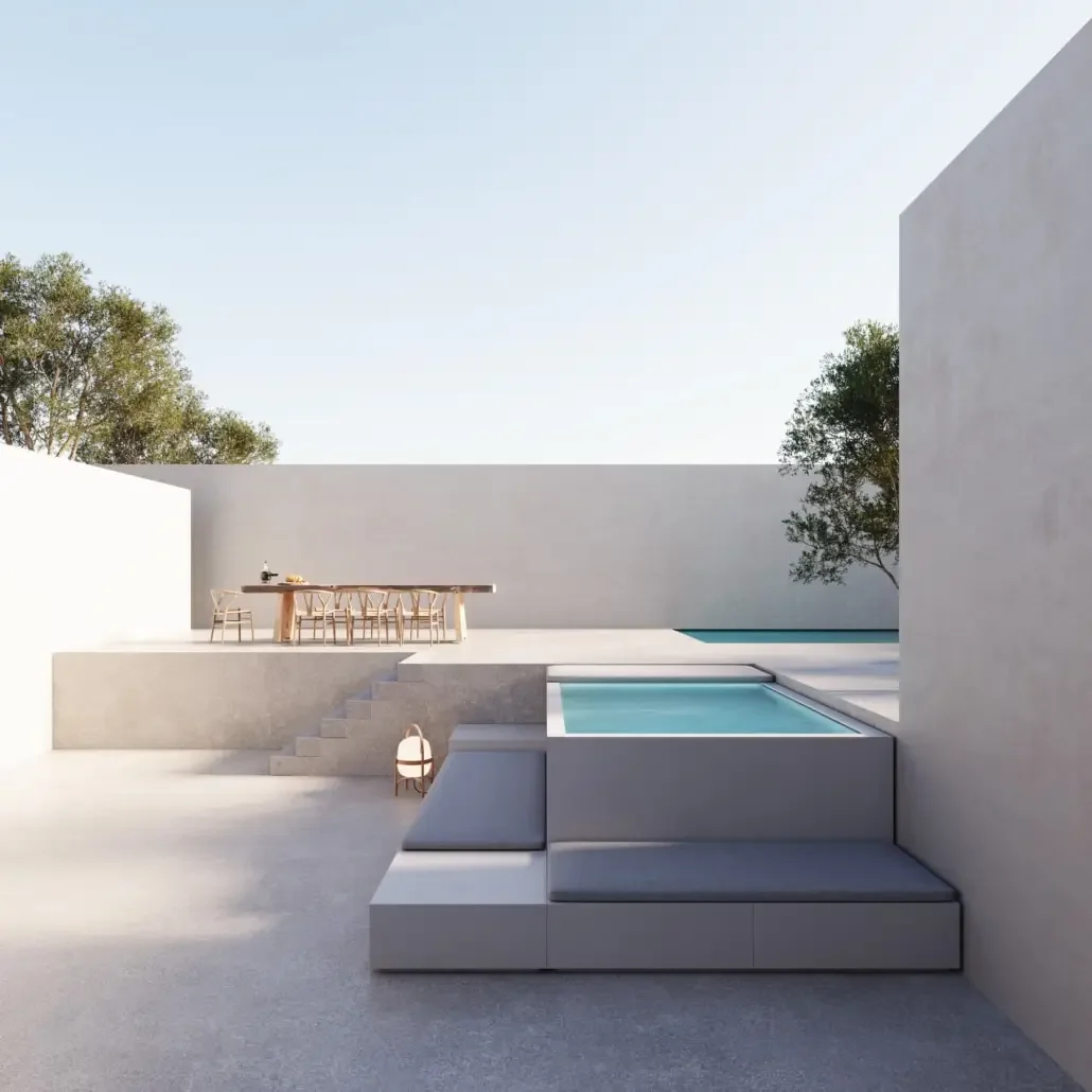 Small Rectangular Rooftop Fiberglass Swim Spa Pool for Family Heated Above Ground Swimming Pool Outdoor Sofa Lounger for Comfort