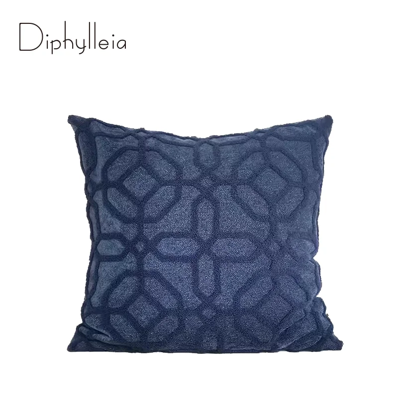 Diphylleia Sapphire Cushion Cover Embroidered Geometric Lines Luxury Modern Square Pillow Case Living Room Sofa Couch 50x50cm