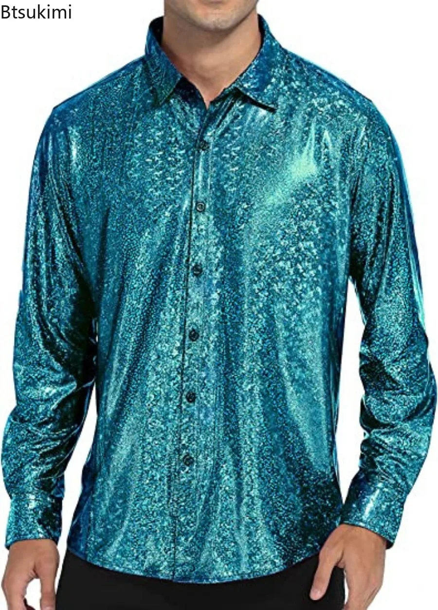 Vintage Sequin Glitter Shirts for Men Dress Shirts Long Sleeve Lapel Button-up Tops Men Cosplay Clothing Fashion Bright T-shirts