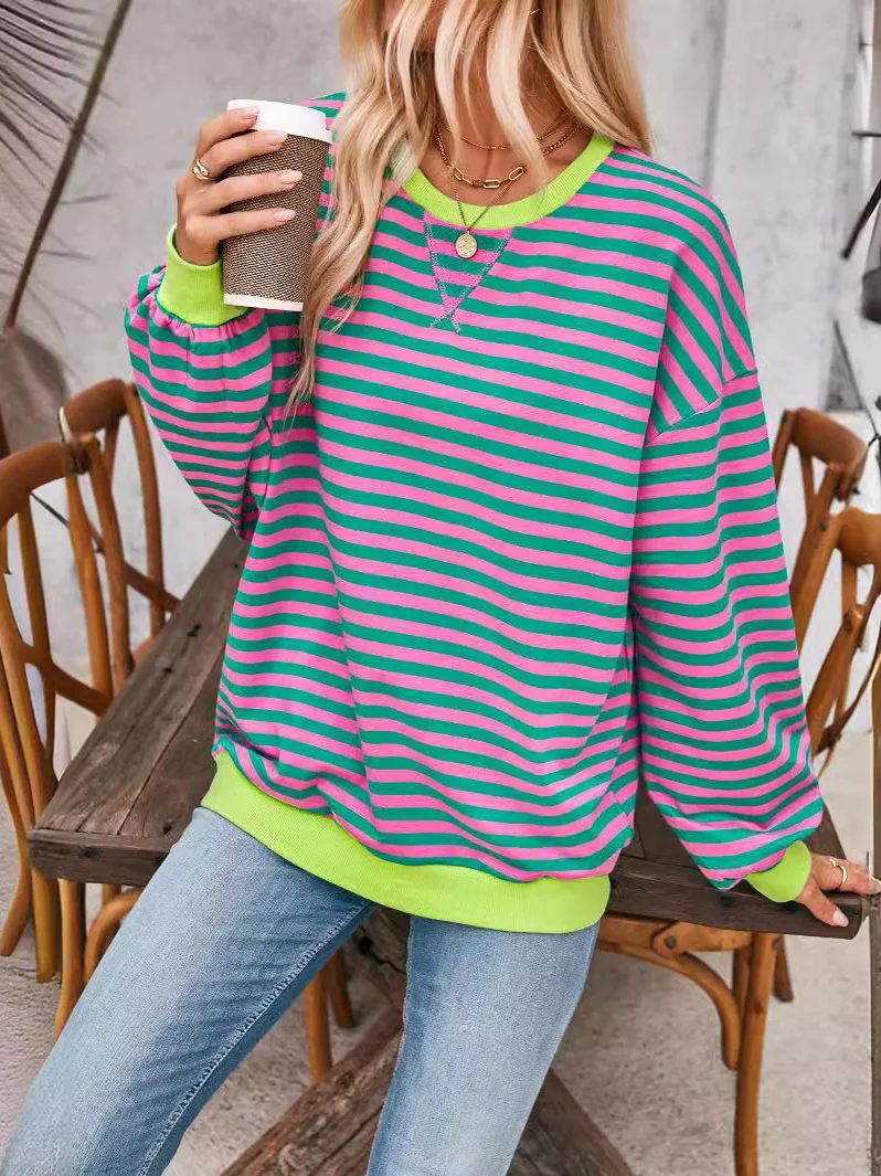 Sudadera con capucha a rayas de colores sueltos para mujer, sudadera de retazos de gran tamaño, Top informal estampado redondo de calle Sle Long Sve