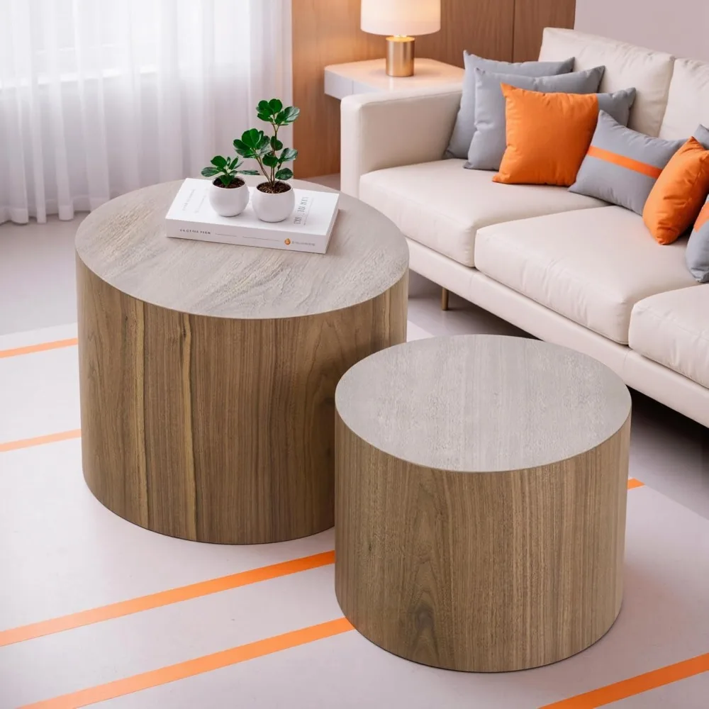 Nesting Coffee Table Set of 2, Modern Round Coffee Table with Non-Slip Feet, Wooden Circle Side Table and Accent Furniture