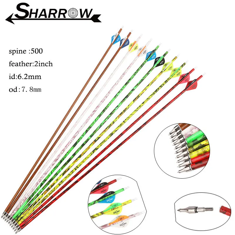 

6/12pcs 30inch Archery Carbon Arrow Spine 500 ID6.2mm OD7.8mm 100Gr Point Tip 2inch Rubber Feather Hunting Accessories