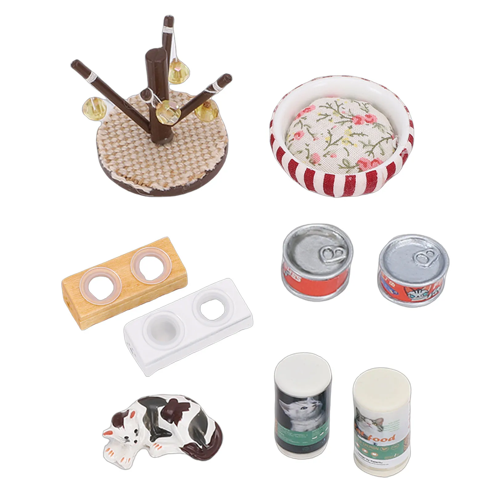 

1:12 Dollhouse Cat Figurines Playset Miniature Dollhouse Accessories with Cat Bowl Stand Food Can Scratching Board and Bed