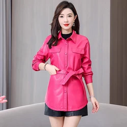 Nuovo Donne Stile camicia Giacca di pelle Primavera Autunno Moda Casual Colletto risvoltato Stringata sottile Cappotto di pelle Pelle crosta