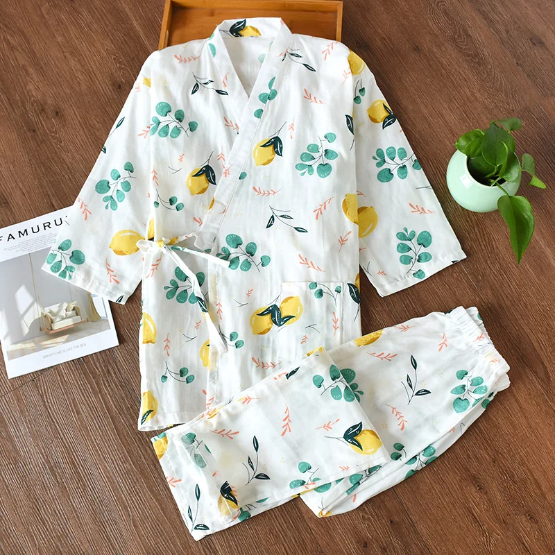 2023 new seven-sleeve Japanese-style kimono pajamas set female spring and autumn 100% cotton gauze home clothes cute sweet two-p