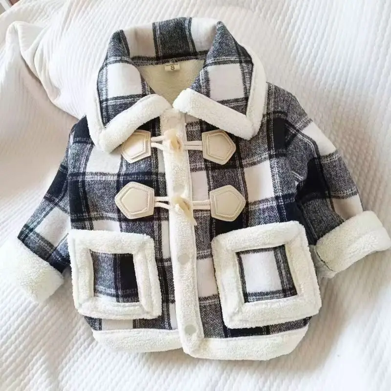 2026 Kids Wool Coat Thick Alpaca Princess Style Plaid Coat New Year Snow Outerwear Fashion Warm Clothing