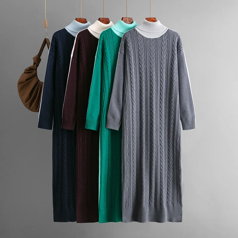 Women Knitted Warm Long Sweater Dress Women Autumn Winter 2024 New Fashion Loose Thickened Twist Knitted Vintage Dress Vestido