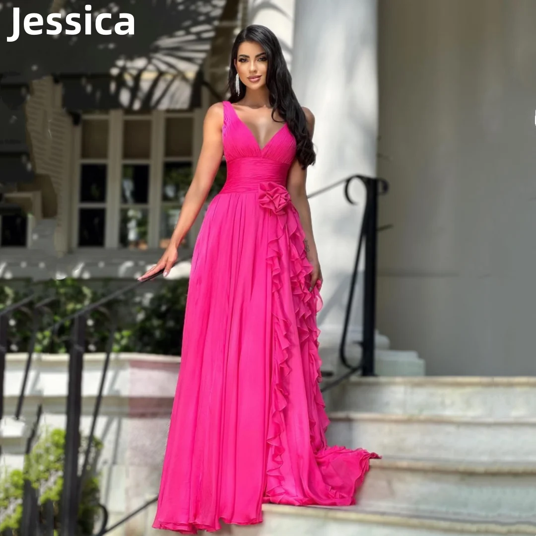 

Jessica Hot Pink Prom Dressess V-neck Tulle Ruffled Florals Prom Dress 2024 Vestidos De Fiesta Princess Graduation Party Dresses