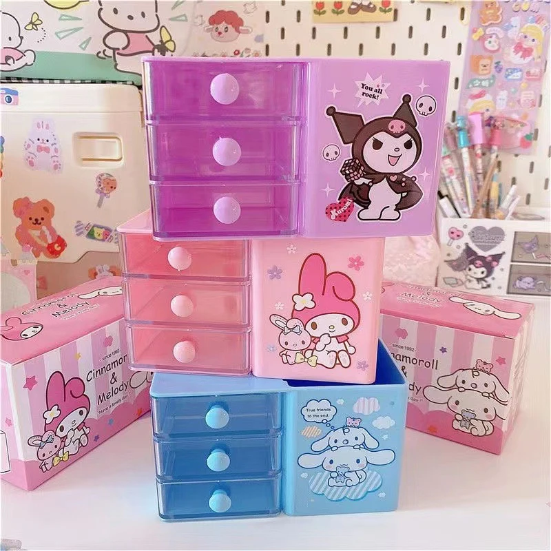 Sanrio Hello Kitty Double Drawer Jewelry Storage Box Cartoon Melody Double Layer Jewelry Stickers Desktop Pen Holder Girls Gifts