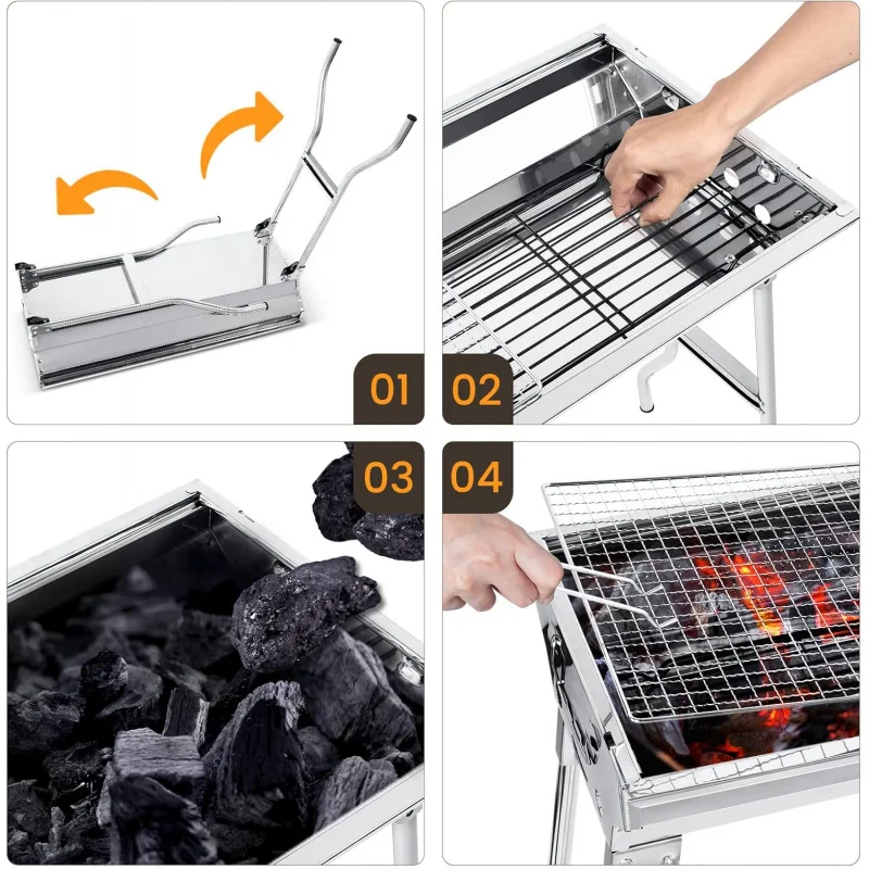 Portable Charcoal Grill, Stainless Steel Folding BBQ Grill and Smoker, Barbecue Grill for Outdoor Cooking Camping Hiking