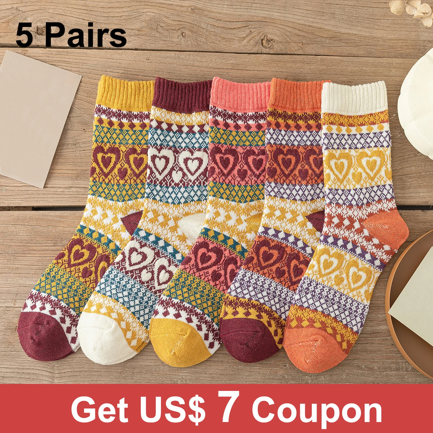 5 Pairs New Women Thick Winter Warm Wool Socks Man Retro Style Dot Wave Pattern Couple Models Free Size