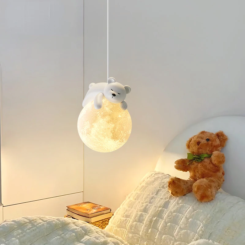 Children's Room LED Pendant Chandelier White Bear Bunny Pendant Light Home Indoor Bedroom Decor Hanging Lamp Glass Bedside Light