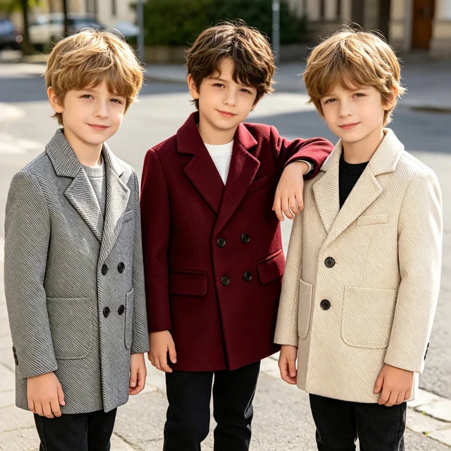 Winter Thick Padded Wool Blend Coat for Boys Lapel Double Breasted Mid Length Windproof Formal Casual Kids Outer Overcoat 2-14Y