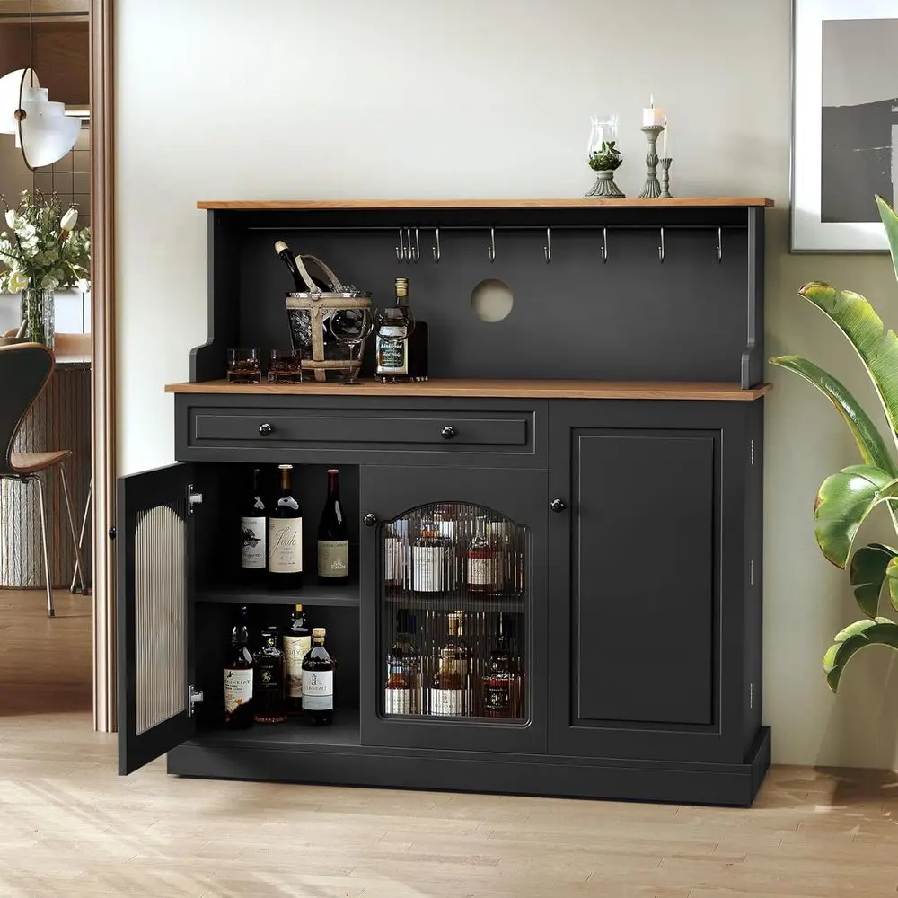 

48 Espresso Coffee Bar Cabinet with Hutch, Drawer Storage, and Glass Doors for Living or Dining Room, Black