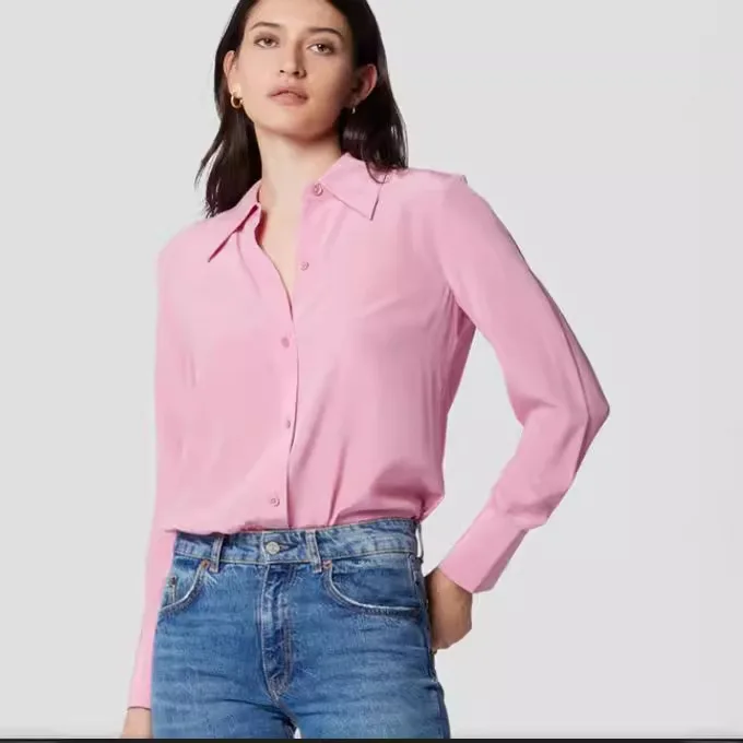 

Women Mulberry Silk Tops European American Basic Style Pointed Collar Solid Color 100% Real Silk Elegant Long Sleeved Shirt