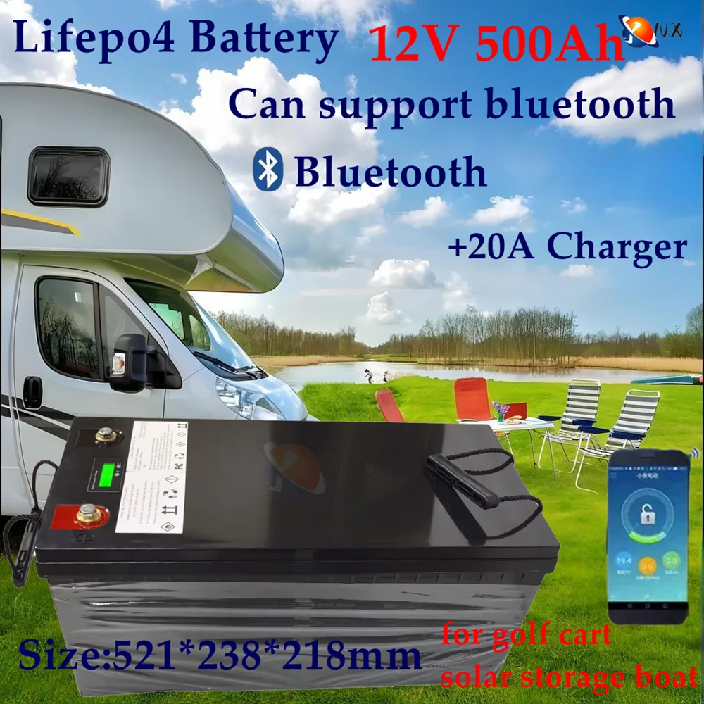 

YNX waterproof 12V 500AH Lifepo4 battery lithium bluetooth BMS APP 4S 12.8V 500Ah for golf cart Solar Storage boat +20A charger.