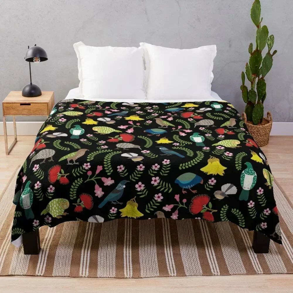 

New Zealand Birds and Flowers BLACK Throw Blanket Stylish Decor Blanket Gift for Friends Roommate