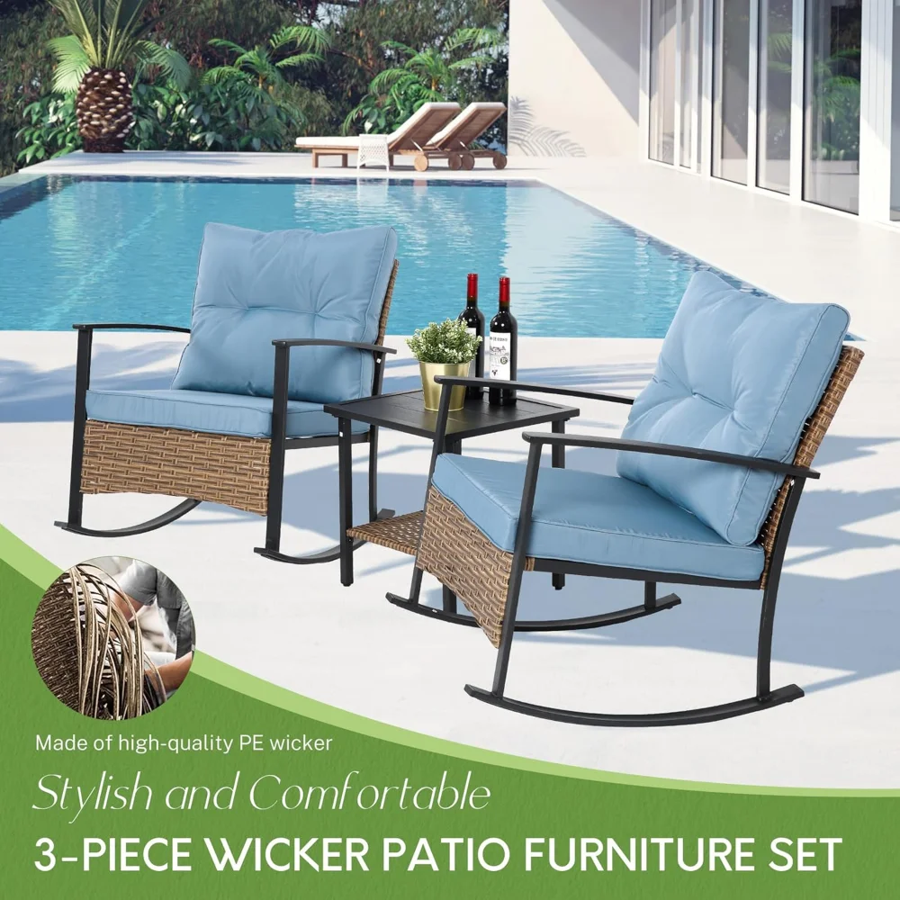 

Wicker Rocking Chairs for Outdoors 3 Piece, Patio Rocking Chairs Set of 2, Patio Furniture Set, Small Outdoor Set for Porch