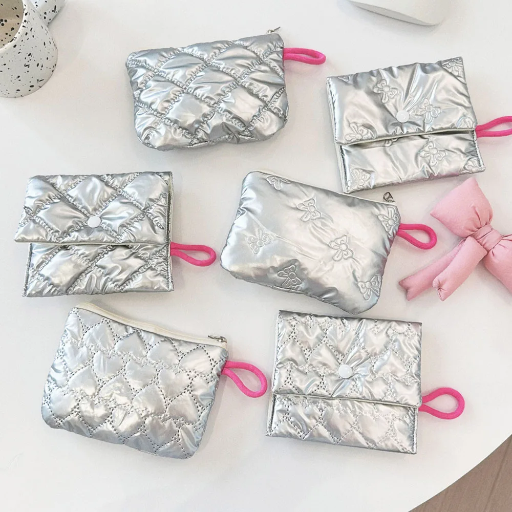 Ins Silver emboss Love Bows Coin Purse Cute Clutch Bag Coin Pouch Mini Pink Key Lipstick Earphone Storage Bag Portable Coin Bag