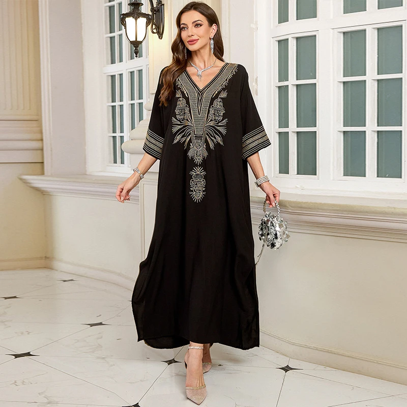 Women's Summer Beach Dress with Embroidery Sun Protection Loose Plus Size Maxi Dress Bikini Cover Up Vacation Long Skirt