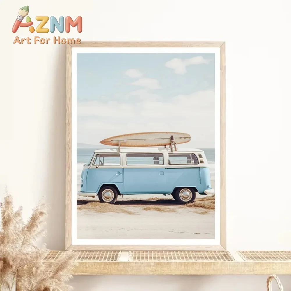 Nature Beach Sea Waves Coastal Pampass Grass Reed Sky Bus Photography Nordic Poster Canvas Printing Wall Home Decor