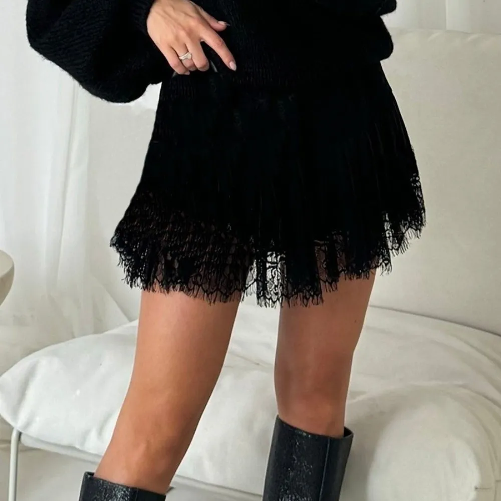 

New High Waist Pleated Mini Skir Vintage Layered Flowy Lace Skirt Chic Short Skirt Women