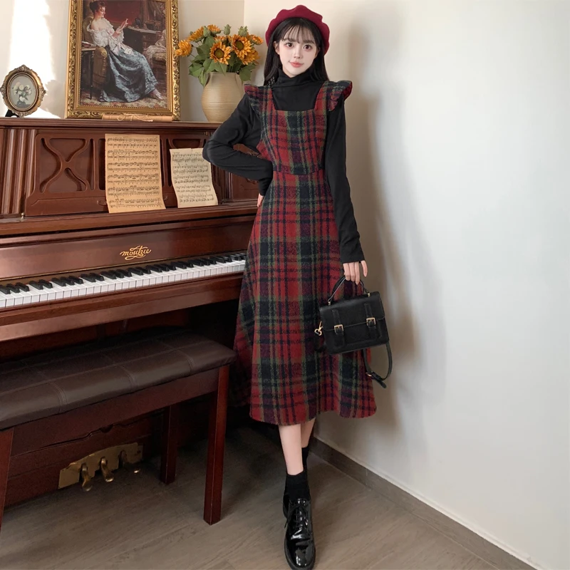 

Casual Two-piece Set For Women Black Knitted Bottoms Tops And Woolen Plaid Sling Dress Large Size 4XL Female Autumn Winter Suit