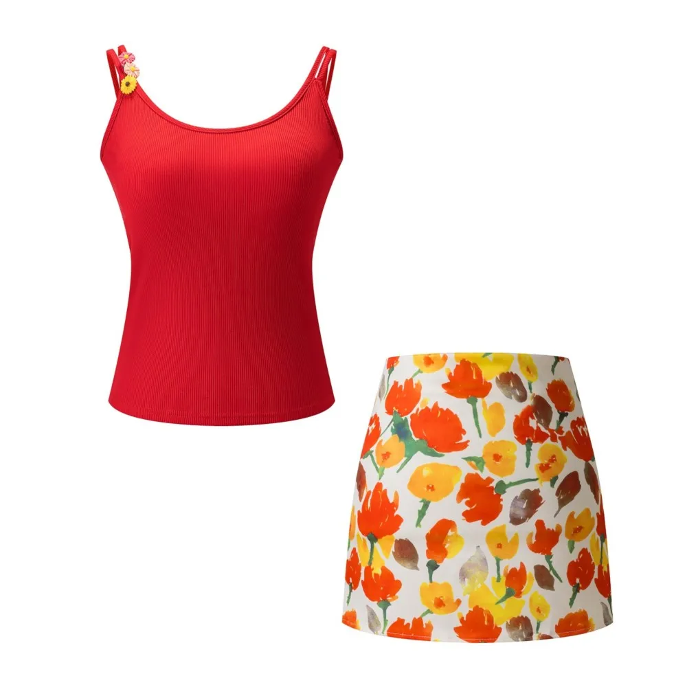 

Casual Two Piece Outfits 2 Pieces Set For Woman New In Matching Sets Fresh And Sweet Beachwear Camisetas Skirts Printed Vacation