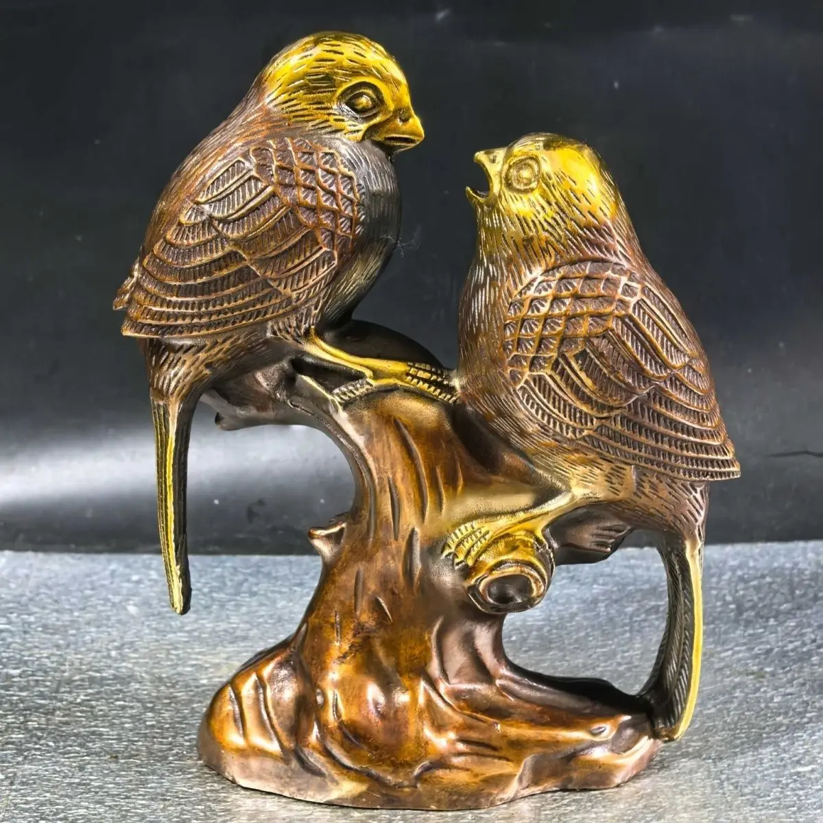 Gilt Brass Magpie Ornament, Double Happiness Auspicious Decor for Copper Ware Collection