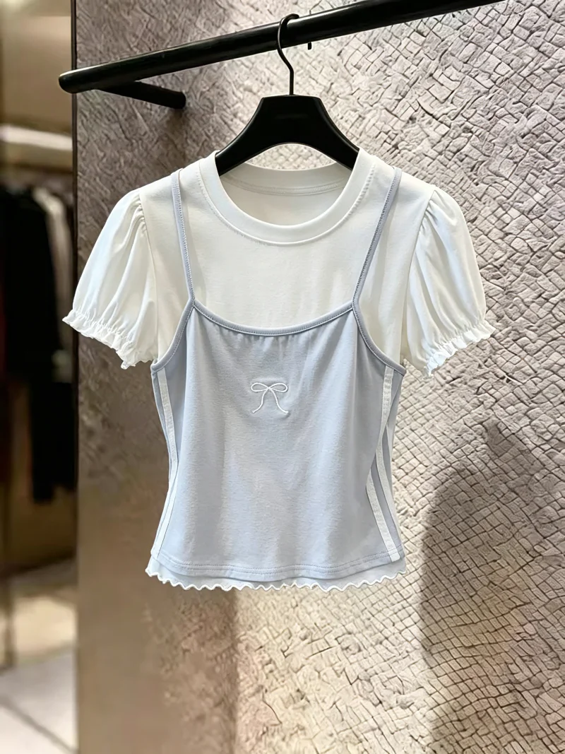 

Sweet Style Knot Embroidered Short Sleeve T-Shirt Women's Summer Self-Preserved Bubble Sleeve Top Korean Version Sl...