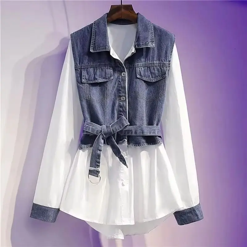 

Fashion Design Spliced Denim Shirt Women's Shirt Top Female Spring Summer Autumn 2026 New American Retro Denim Jacket With Belt