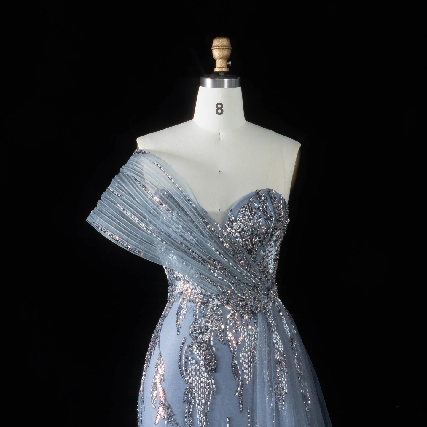 Sharon Said Luxuriöses Champagnerfarbenes One-Shoulder-Abendkleid mit Perlen und Tüllschleppe, Partykleid für Damen SS136, Maßanfertigung – Detail 14